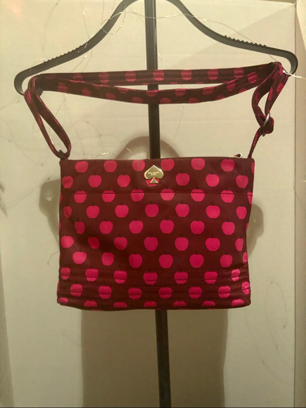 kate spade burgundy and hot pink polka dot crossbody bag